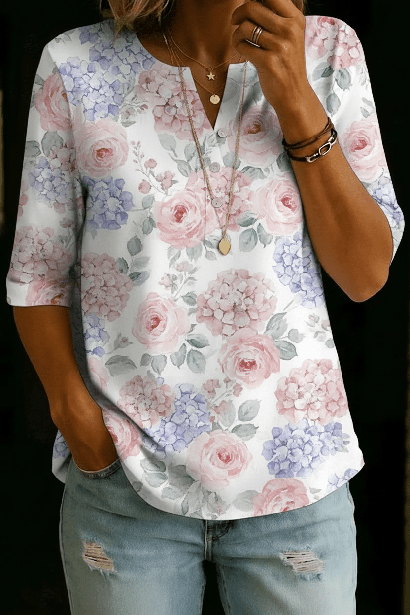 Aaliyah | Hydrangea Rose Henley Top - Rosalie and Grace