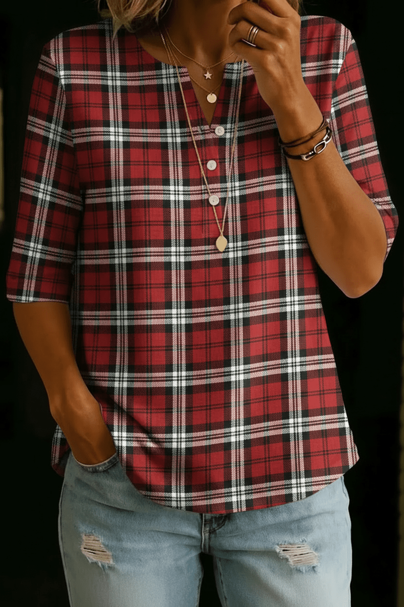 Alexa | Red Plaid Henley Top - Rosalie and Grace