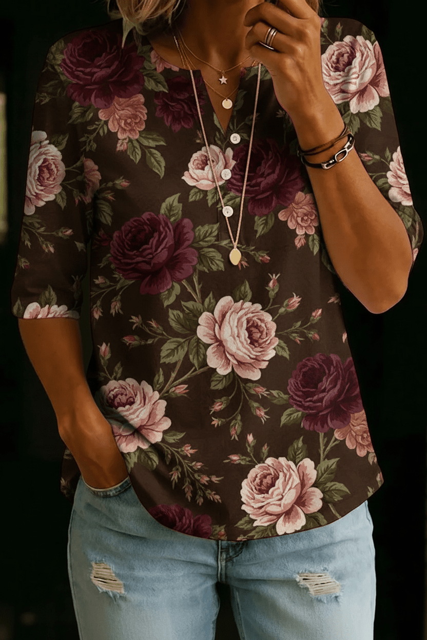 Alice | Brown Rose Henley Top - Rosalie and Grace