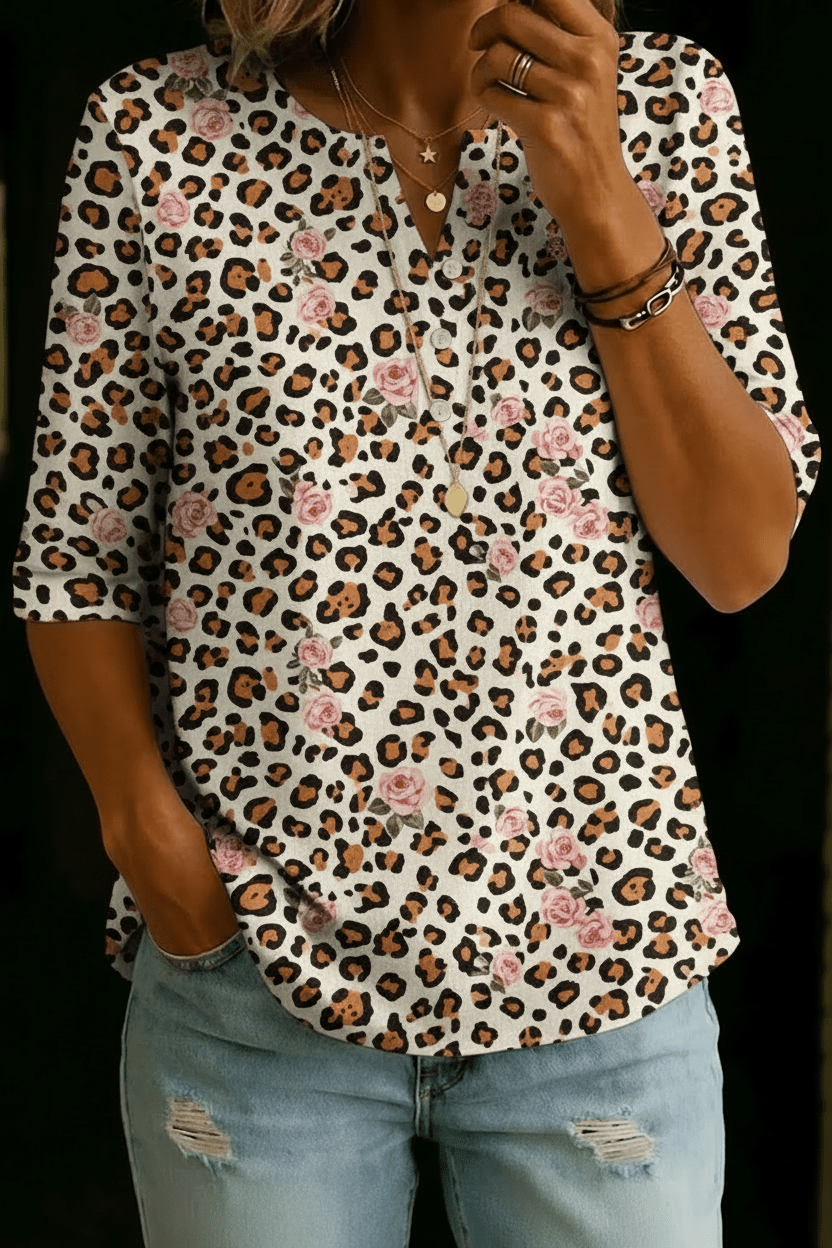 Allison | Leopard Rose Henley Top - Rosalie and Grace