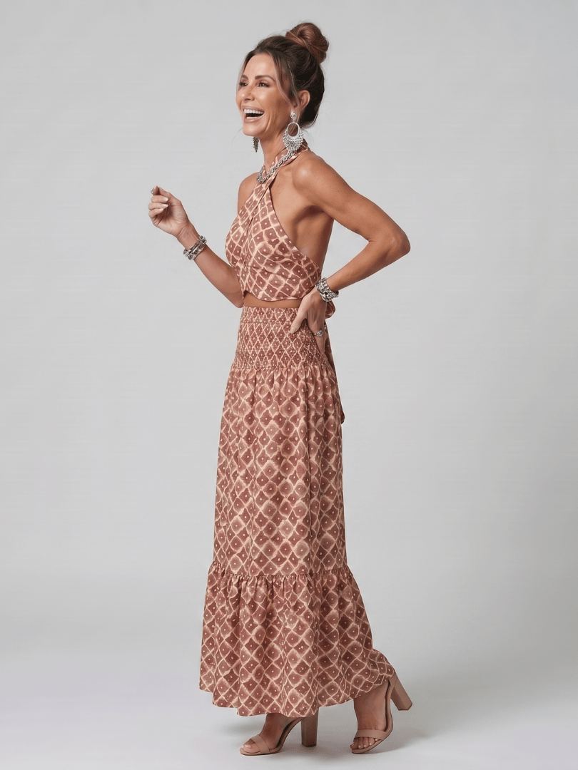Amira™ | Cross Halter Geometric Print Cutout Midi Dress - Rosalie and Grace