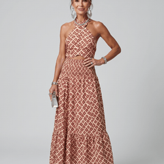 Amira™ | Cross Halter Geometric Print Cutout Midi Dress - Rosalie and Grace