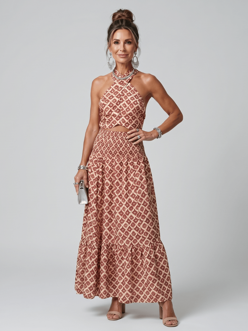 Amira™ | Cross Halter Geometric Print Cutout Midi Dress - Rosalie and Grace