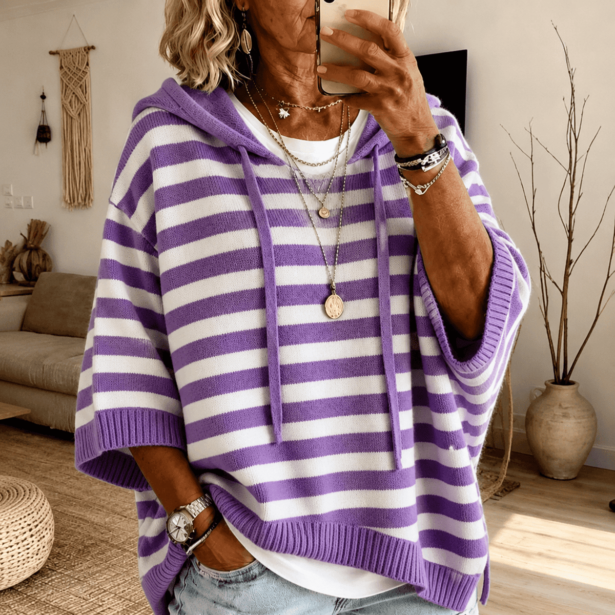 Anais Hooded Striped Poncho Sweater – Purple - Rosalie and Grace