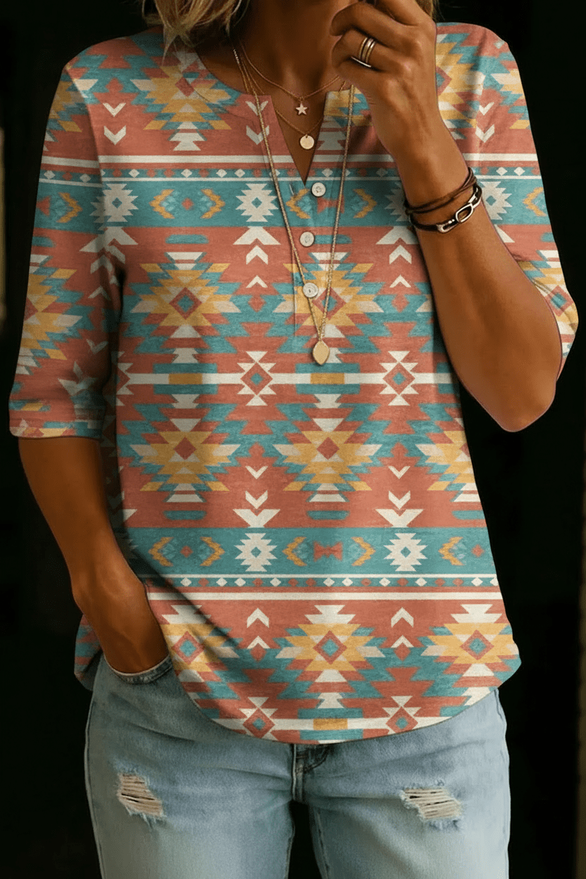 Anna | Aztec Geometric Henley Top - Rosalie and Grace