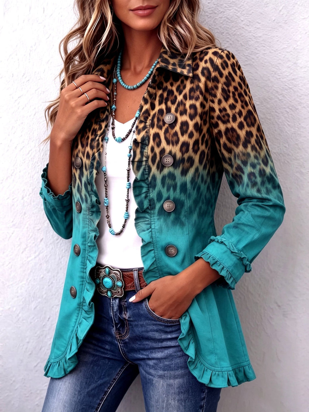 April™ | Leopard Ombre Ruffle Blazer Jacket - Rosalie and Grace