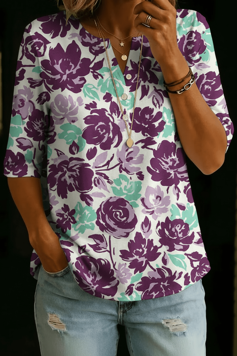 Ariana | Purple Floral Henley Top - Rosalie and Grace