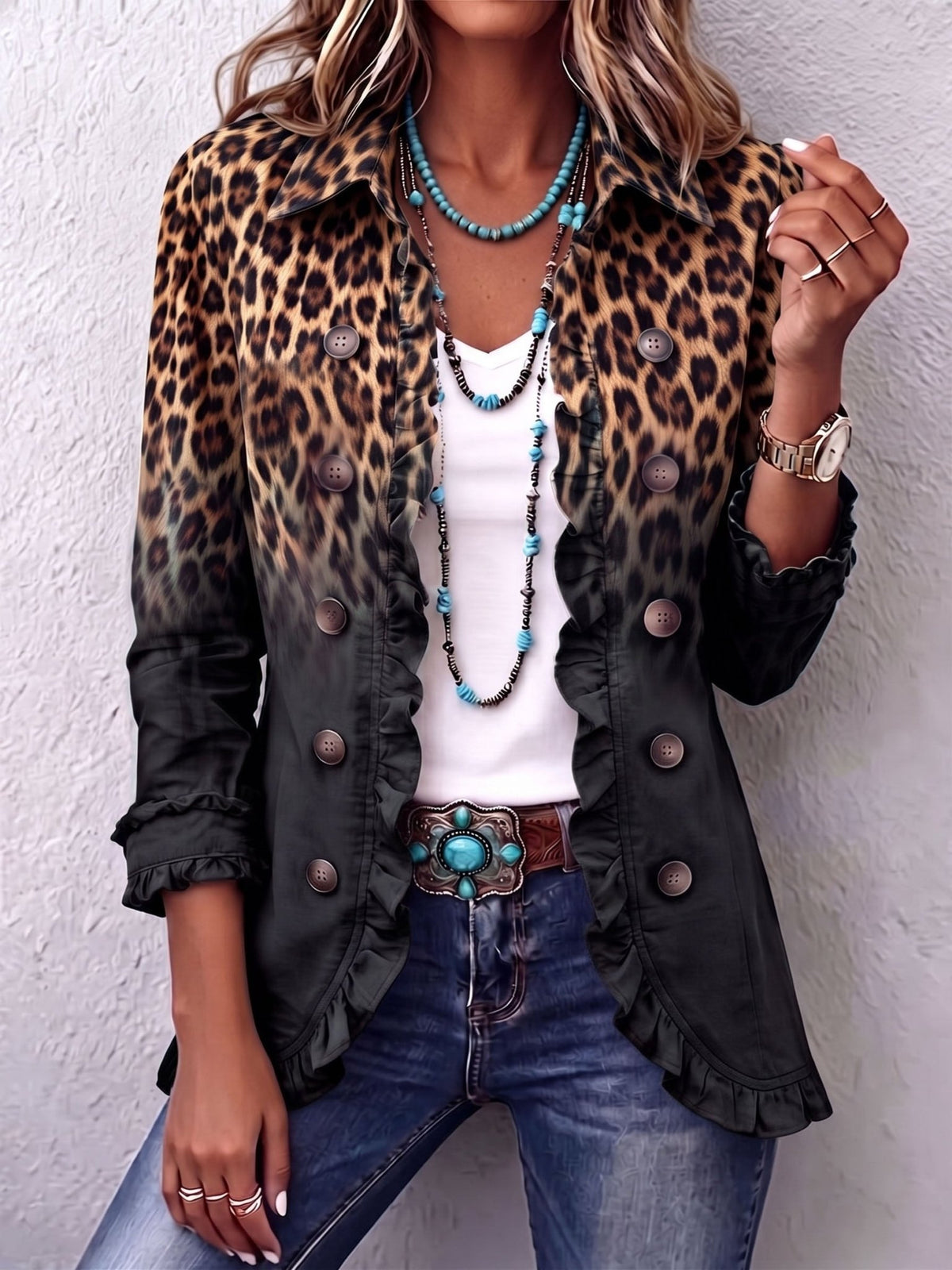 Arlene™ | Leopard Ombre Ruffle Blazer Jacket - Rosalie and Grace