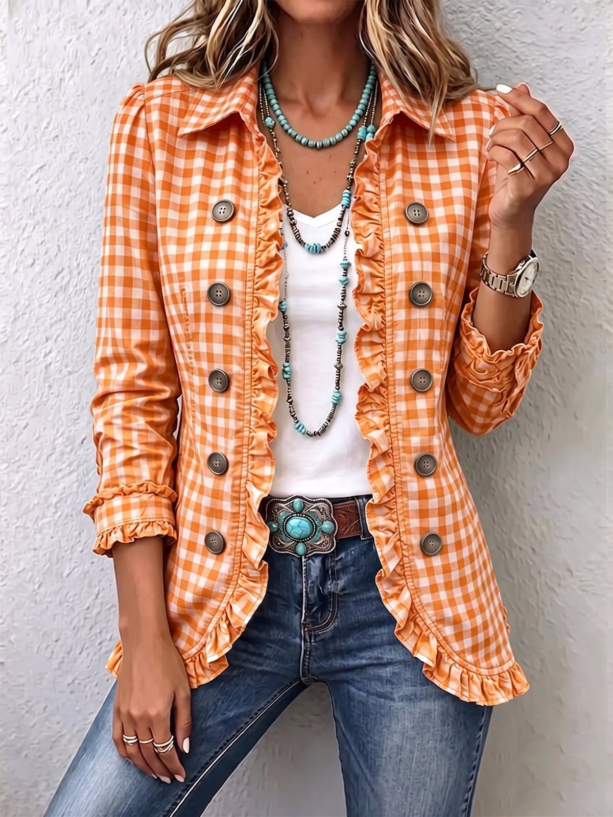 Arlette™ | Gingham Ruffled Button-Down Jacket - Rosalie and Grace