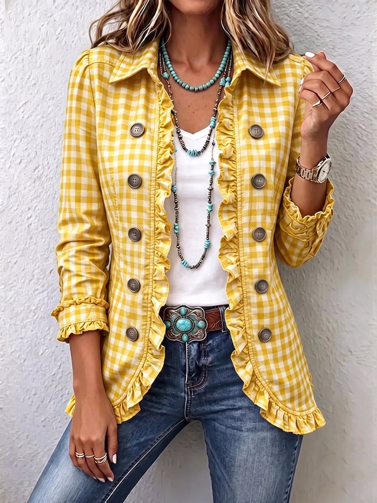 Arlette™ | Gingham Ruffled Button-Down Jacket - Rosalie and Grace