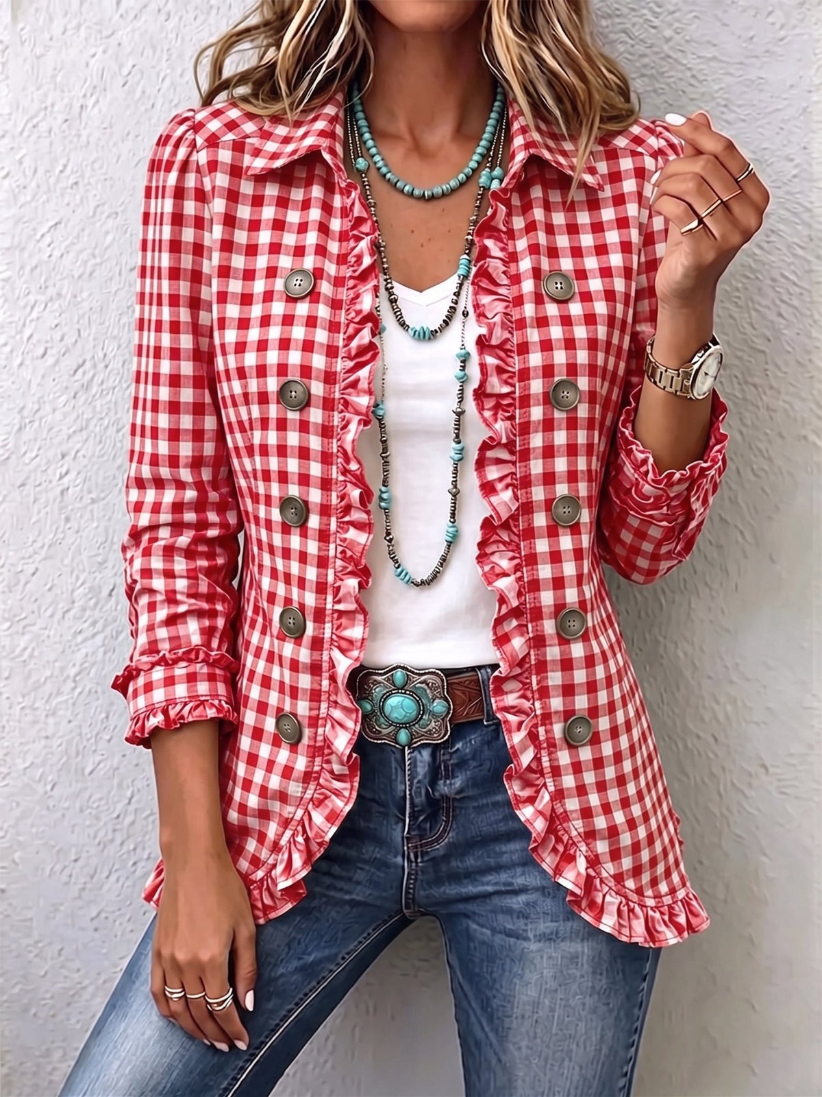 Arlette™ | Gingham Ruffled Button-Down Jacket - Rosalie and Grace