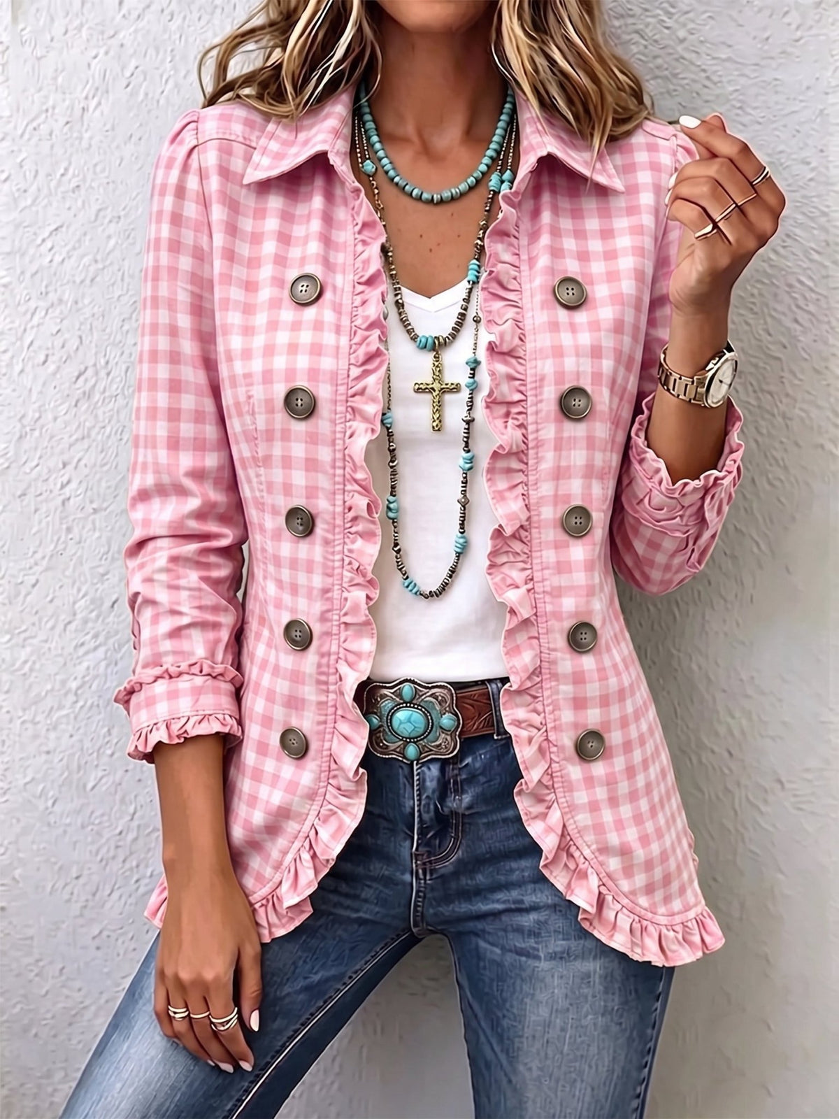 Arlette™ | Gingham Ruffled Button-Down Jacket - Rosalie and Grace