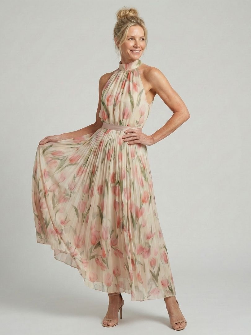 Aurelle™ | Halter Neck Floral Midi Dress - Rosalie and Grace