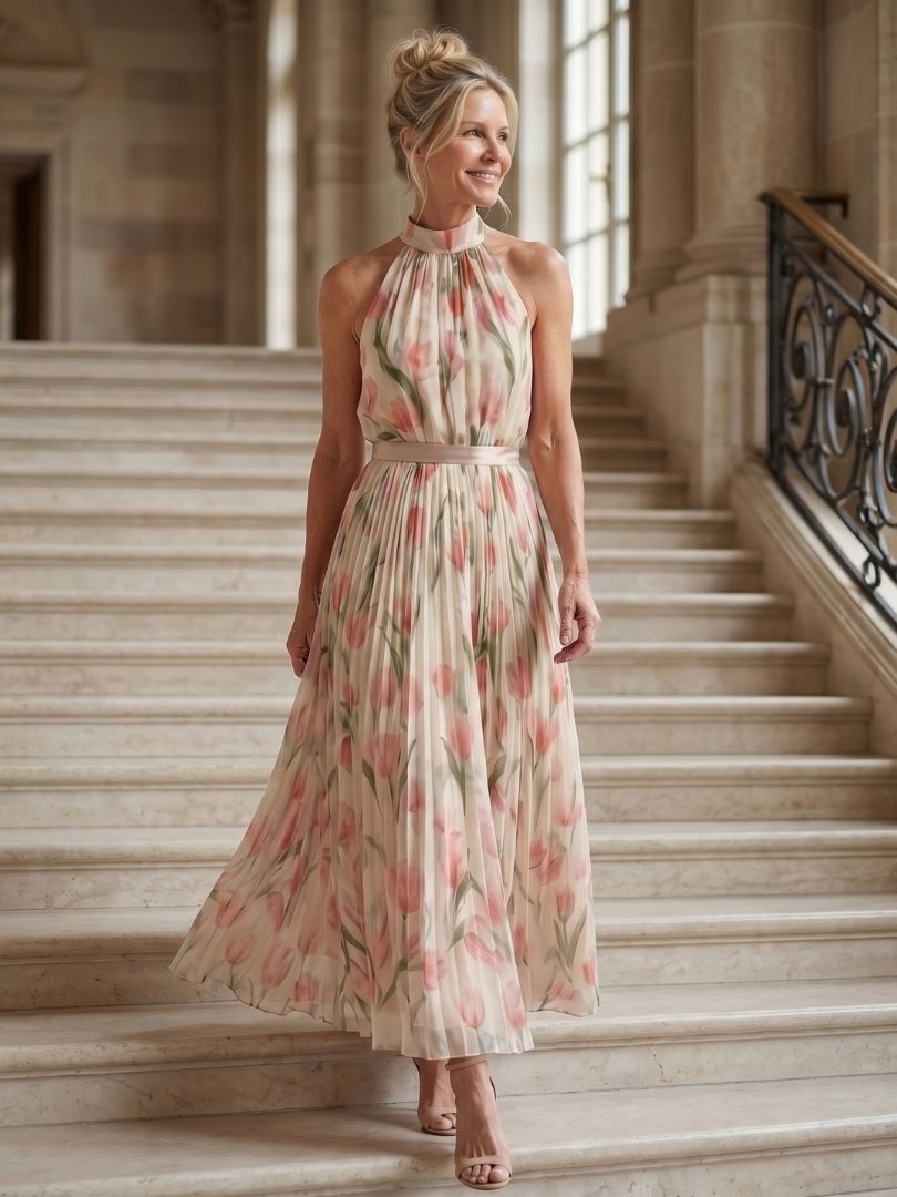 Aurelle™ | Halter Neck Floral Midi Dress - Rosalie and Grace