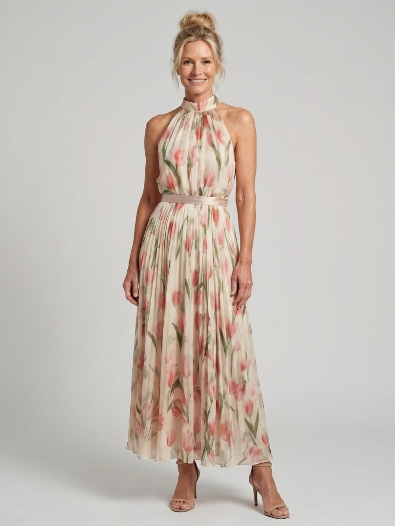 Aurelle™ | Halter Neck Floral Midi Dress - Rosalie and Grace
