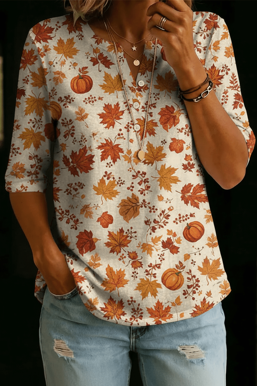 Autumn | Pumpkin Maple Leaf Henley Top - Rosalie and Grace