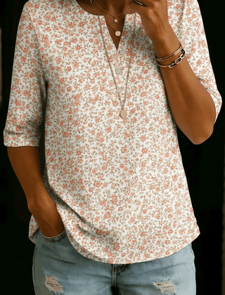 Bella | Ivory Pink Ditsy Henley Top - Rosalie and Grace