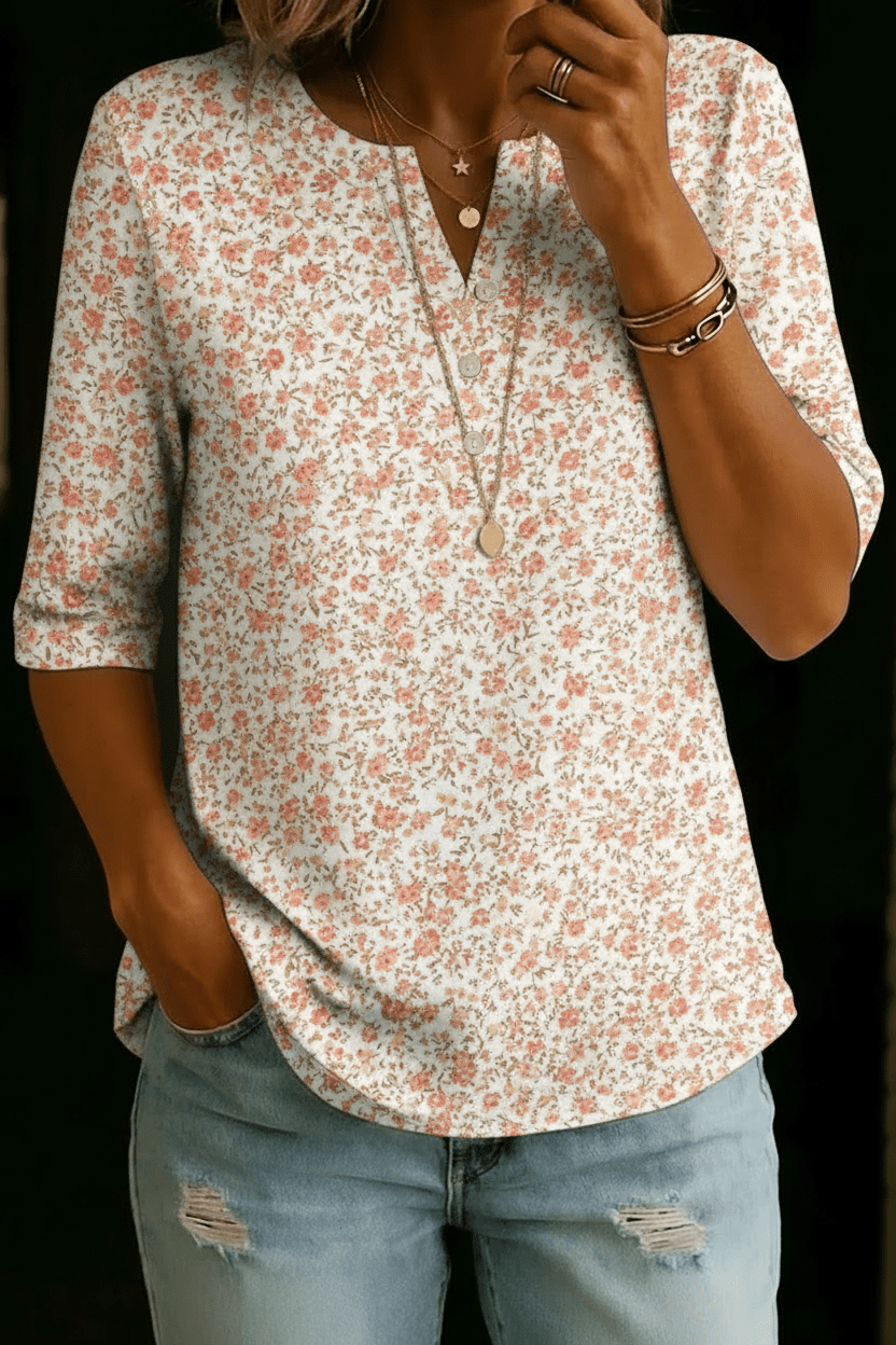 Bella | Ivory Pink Ditsy Henley Top - Rosalie and Grace
