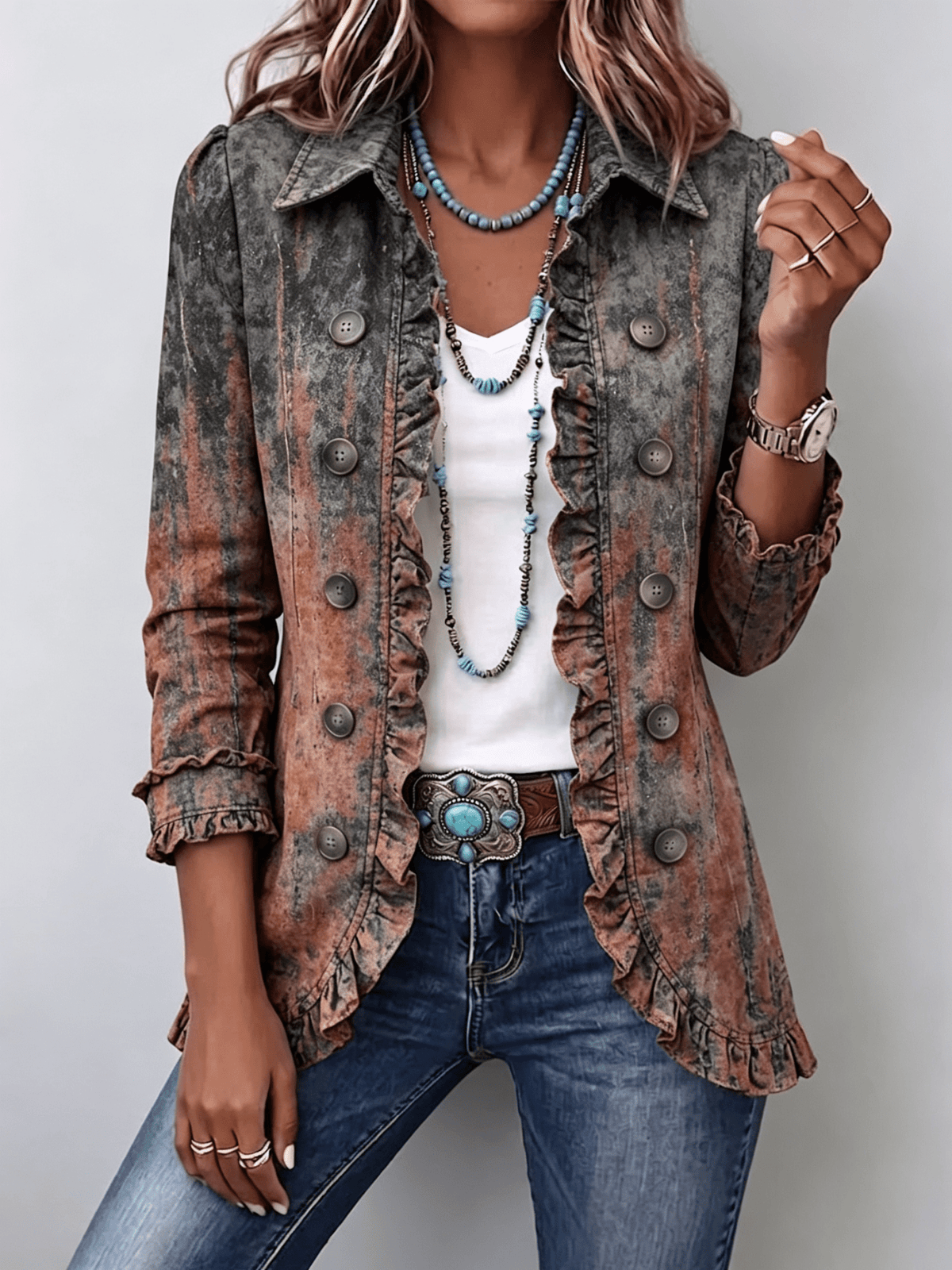Bristow™ | Vintage Gradient Textured Print Ruffle Jacket - Rosalie and Grace