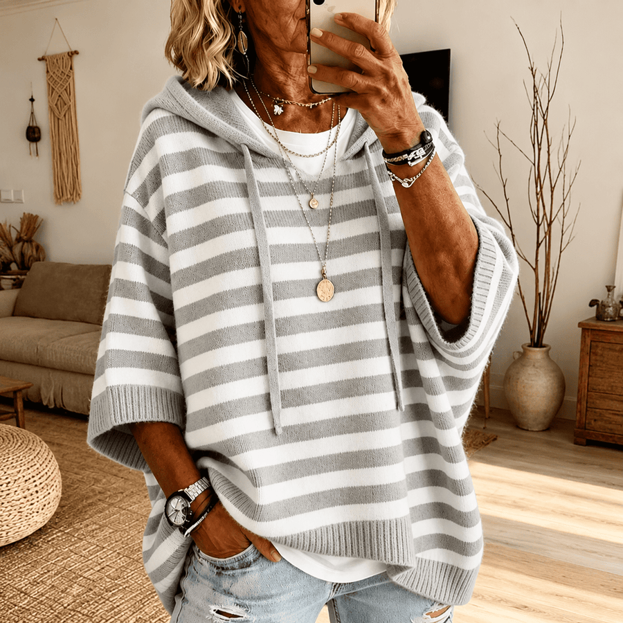 Celine Hooded Striped Poncho Sweater – Gray - Rosalie and Grace