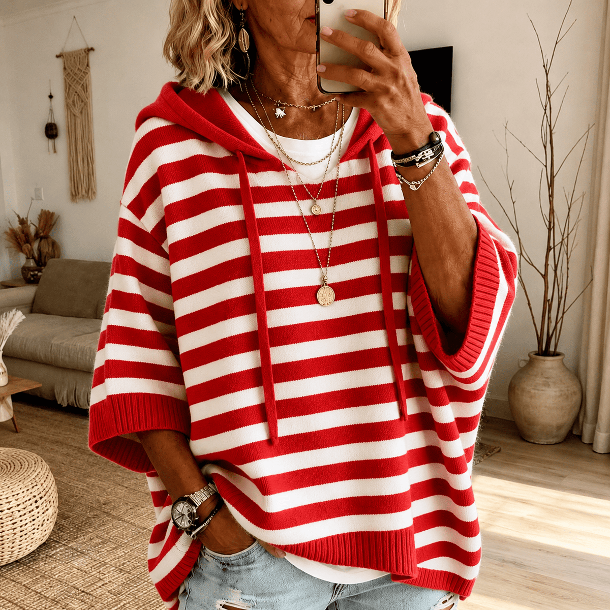 Charlotte Hooded Striped Poncho Sweater – Red - Rosalie and Grace