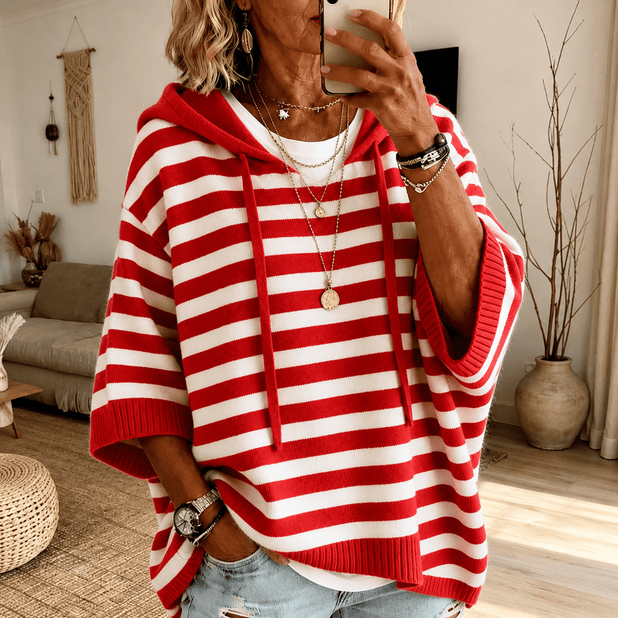 Charlotte Hooded Striped Poncho Sweater – Red - Rosalie and Grace