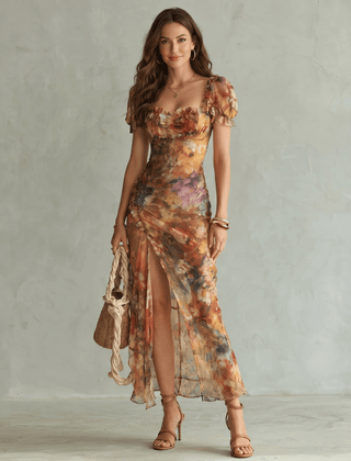 Ciel™ | Ruffled Sleeve Ruched Slit Midi Dress - Rosalie and Grace