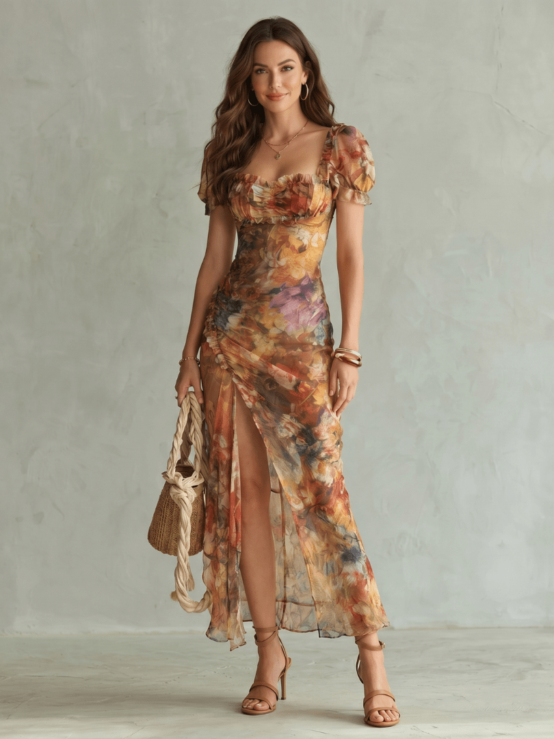 Ciel™ | Ruffled Sleeve Ruched Slit Midi Dress - Rosalie and Grace