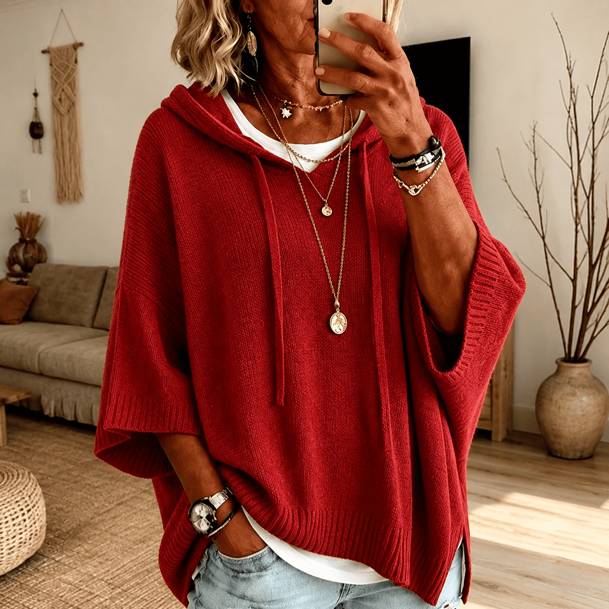 Claire Hooded Poncho Sweater – Red - Rosalie and Grace