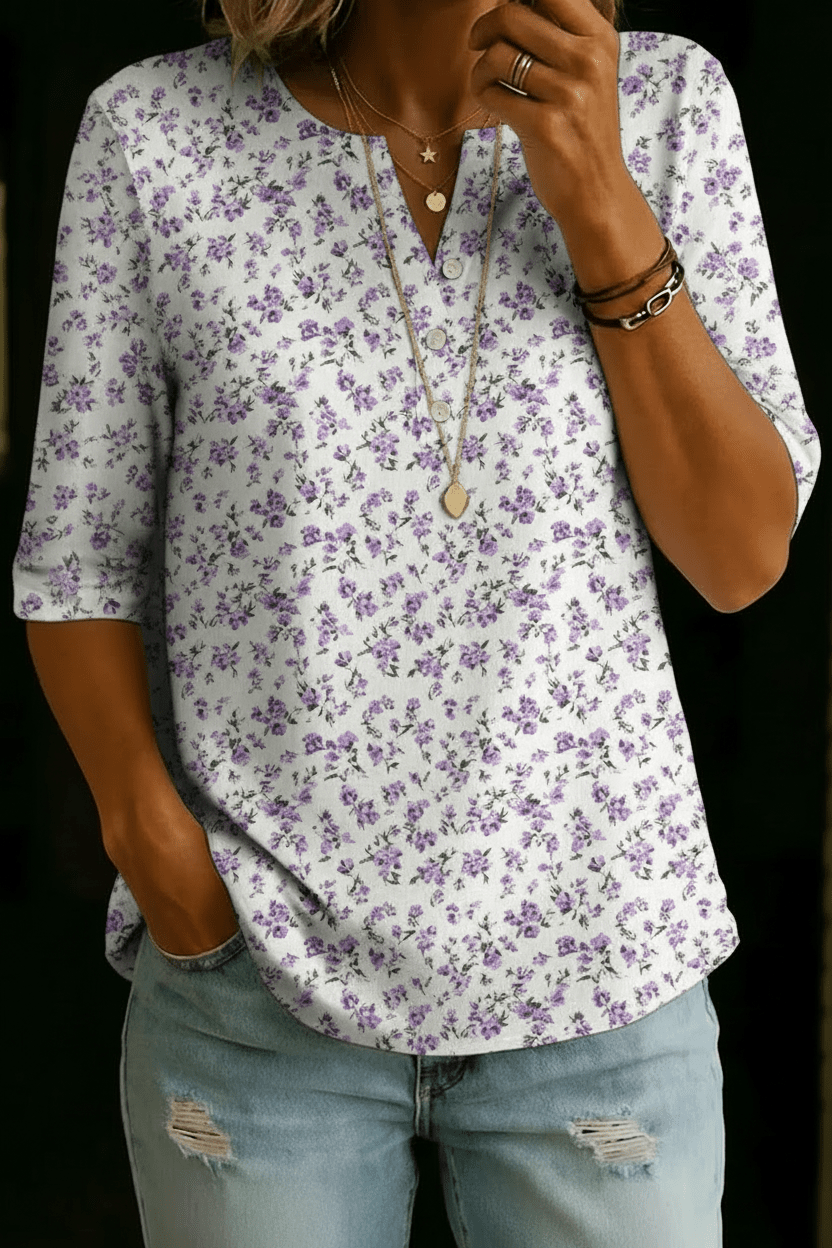 Emilia | White Purple Ditsy Henley Top - Rosalie and Grace