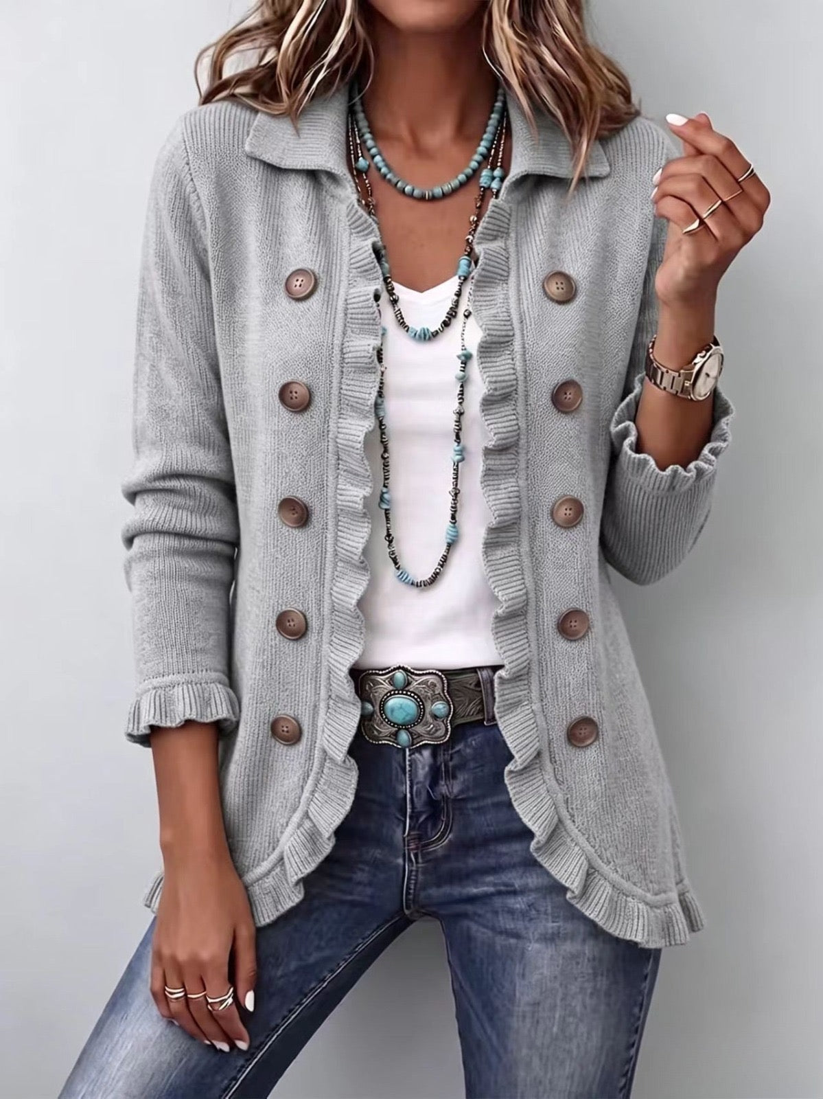 Erica™ | Heather Grey Ribbed Knit Ruffle Jacket - Rosalie and Grace