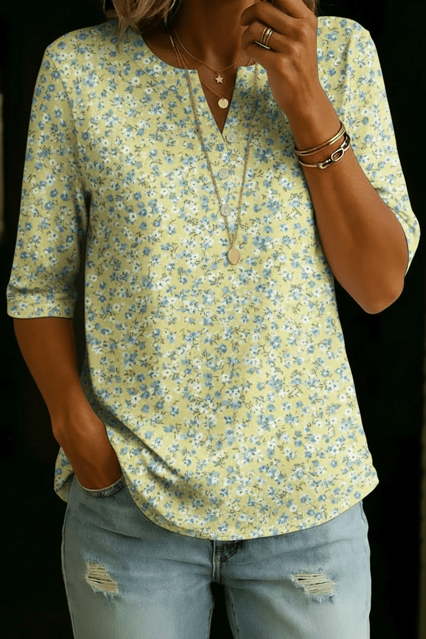 Eva | Yellow Blue Ditsy Henley Top - Rosalie and Grace