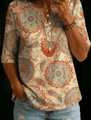 Everly | Beige Boho Medallion Henley Top - Rosalie and Grace