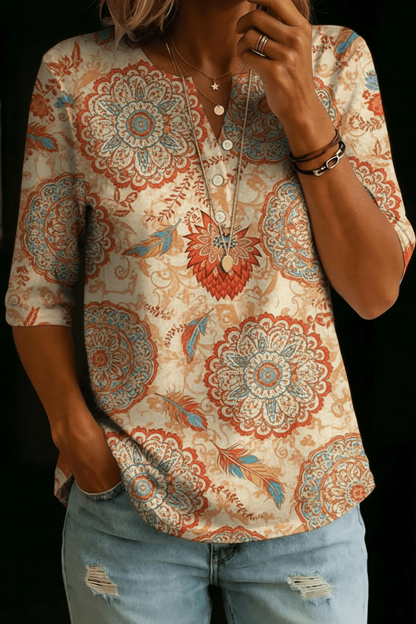 Everly | Beige Boho Medallion Henley Top - Rosalie and Grace