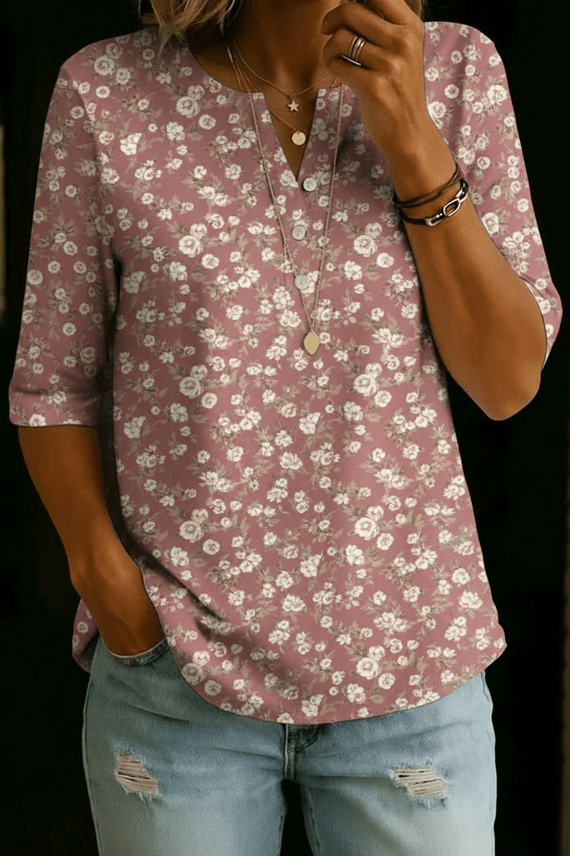 Gabriella | Dusty Pink Floral Henley Top - Rosalie and Grace