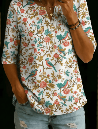 Hailey | White Bird Floral Henley Top - Rosalie and Grace