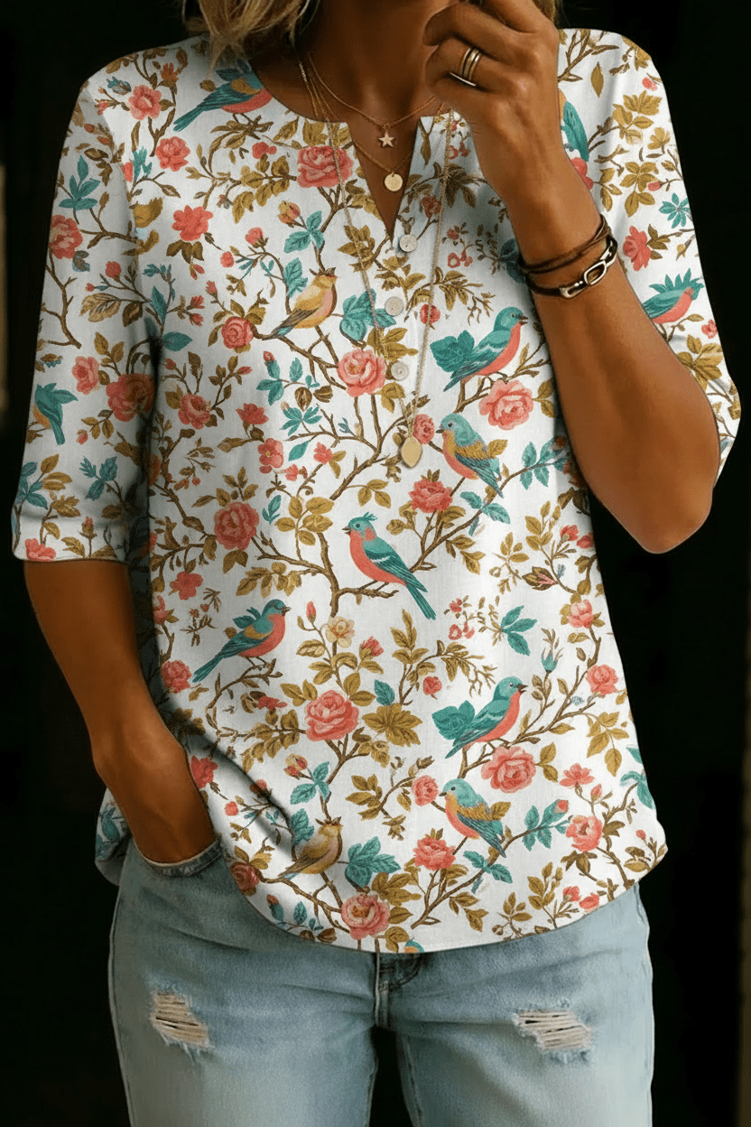 Hailey | White Bird Floral Henley Top - Rosalie and Grace