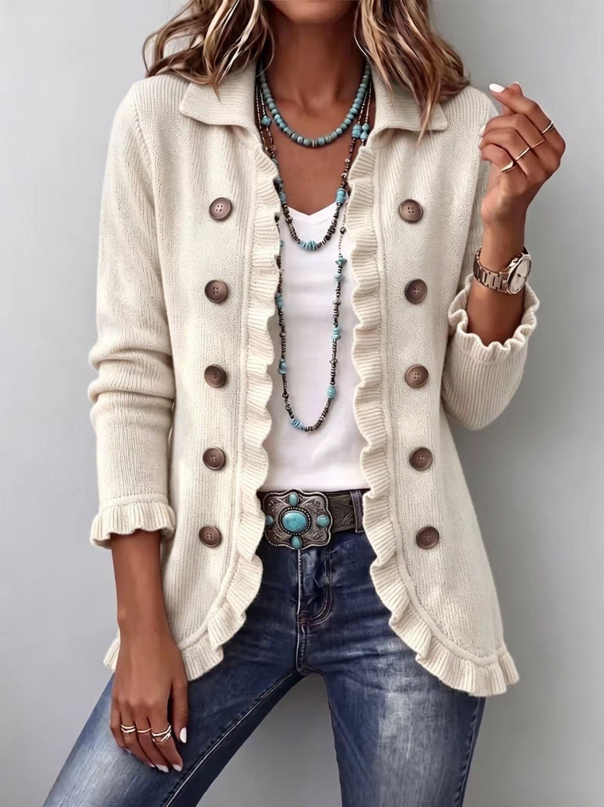 Harmony™ | Ivory Ribbed Knit Ruffle Jacket - Rosalie and Grace