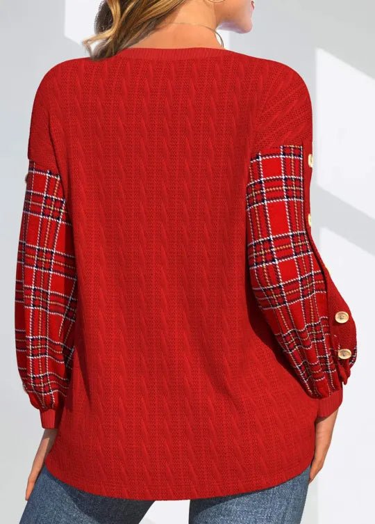 Ida | Red Knit with Checked Sleeves Sweater - Rosalie and Grace