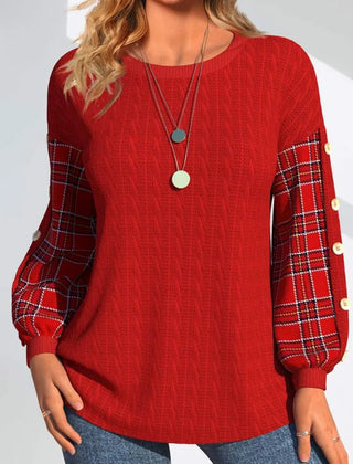 Ida | Red Knit with Checked Sleeves Sweater - Rosalie and Grace