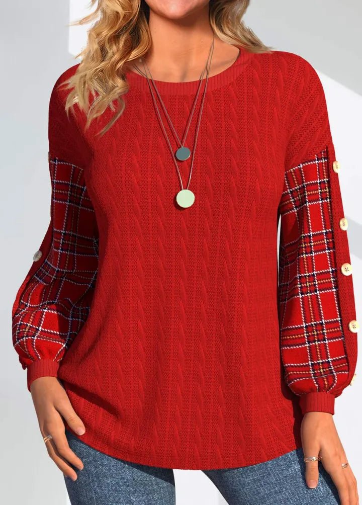 Ida | Red Knit with Checked Sleeves Sweater - Rosalie and Grace