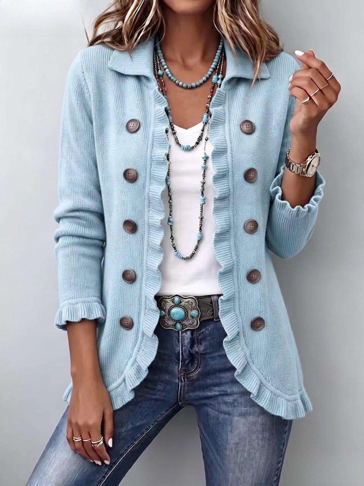 Ina™ | Powder Blue Ribbed Knit Ruffle Jacket - Rosalie and Grace