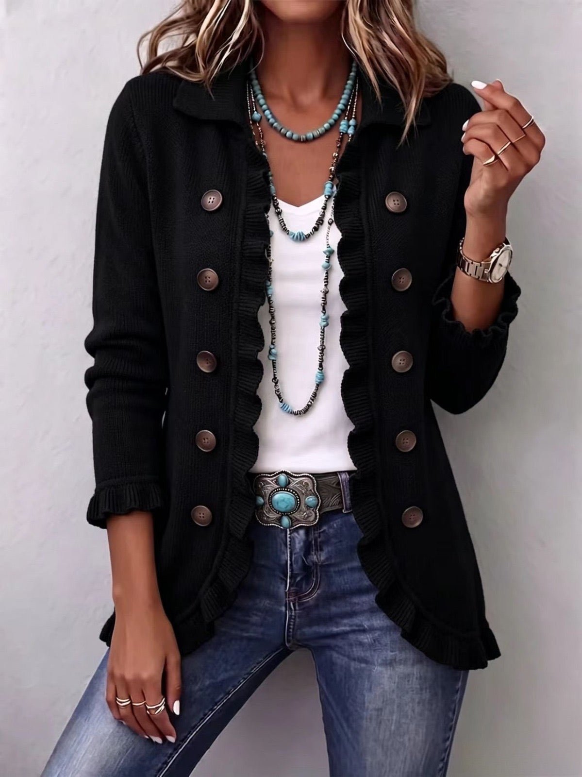Jane™ | Jet Black Ribbed Knit Ruffle Jacket - Rosalie and Grace
