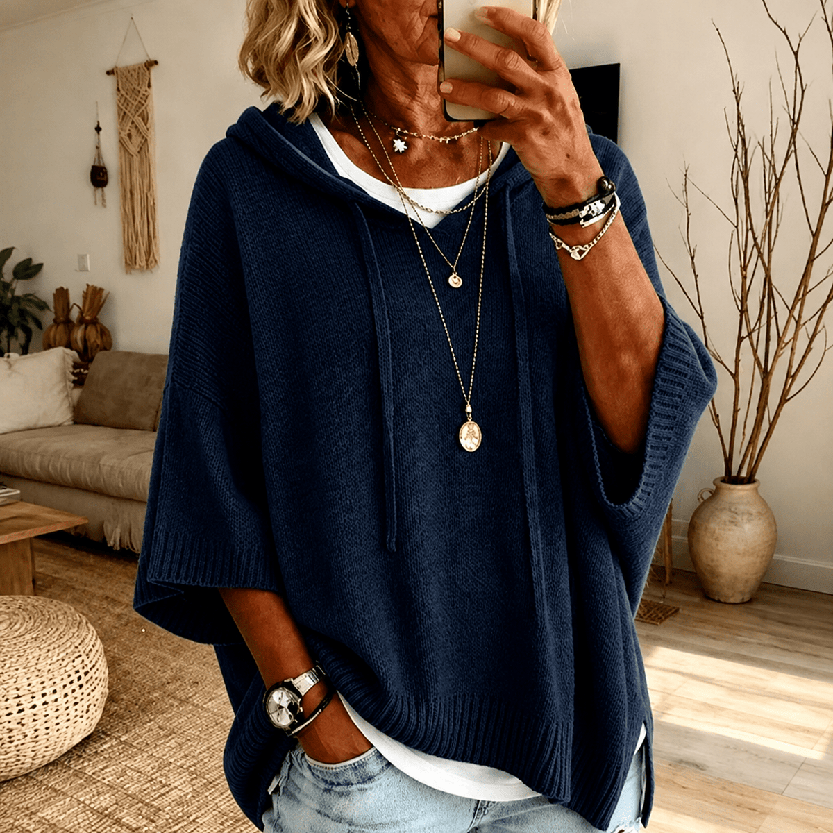 Juliette Hooded Poncho Sweater – Navy Blue - Rosalie and Grace