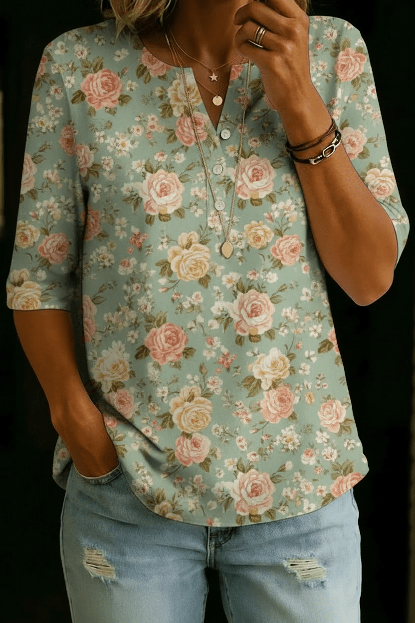 Kinsley | Sage Rose Floral Henley Top - Rosalie and Grace