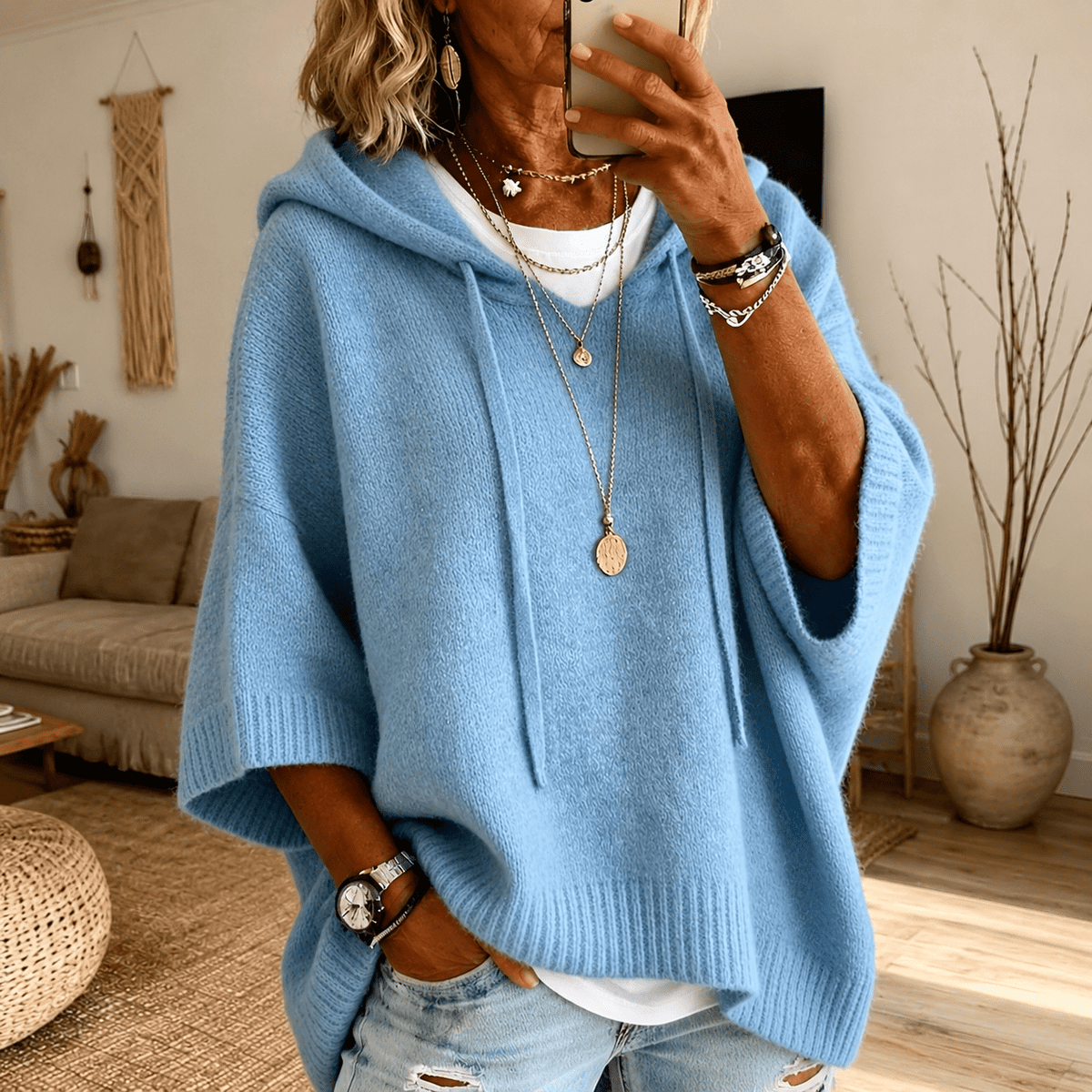 Lea Hooded Poncho Sweater – Sky Blue - Rosalie and Grace