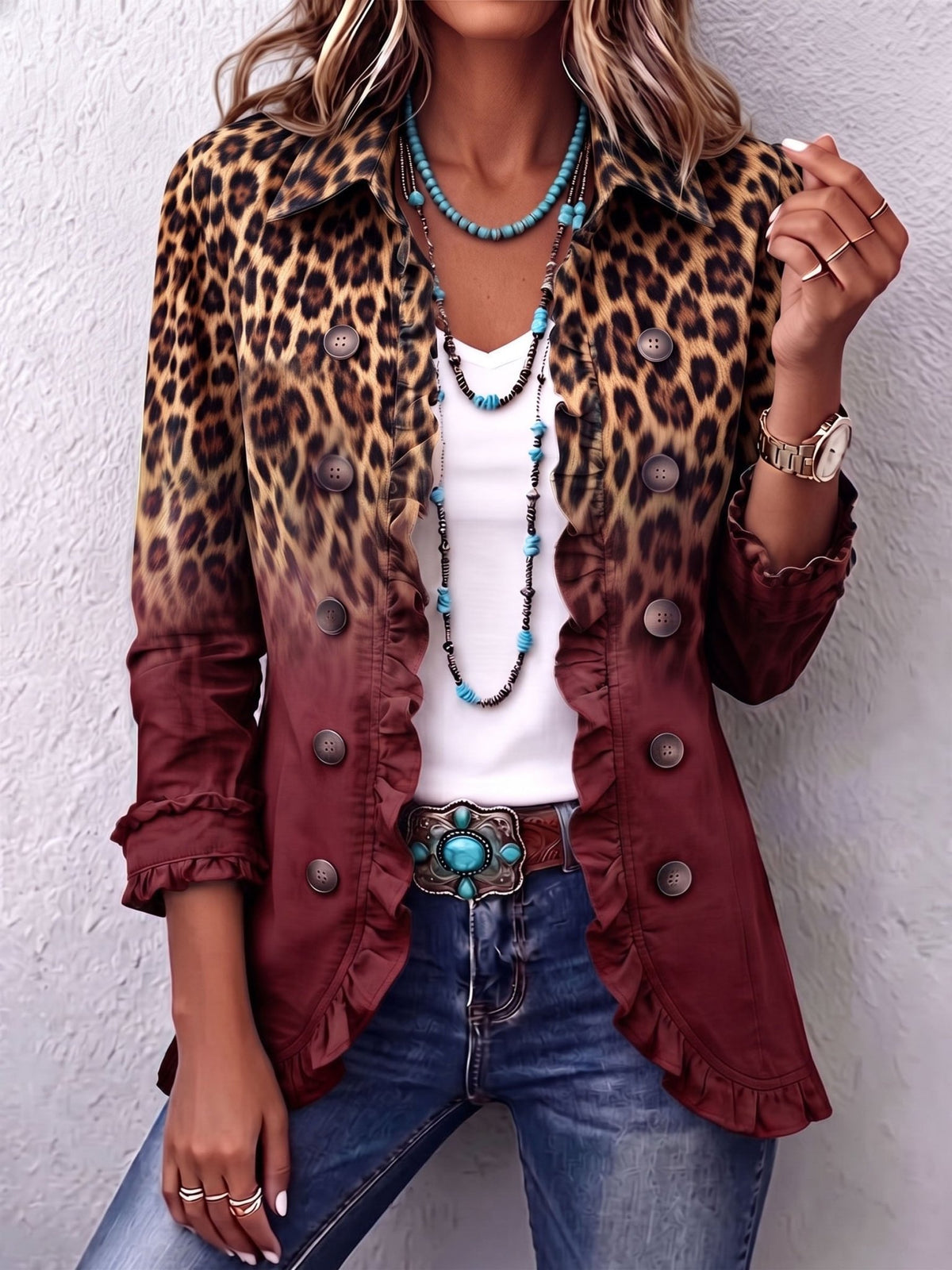 Mamie™ | Leopard Ombre Ruffle Blazer Jacket - Rosalie and Grace
