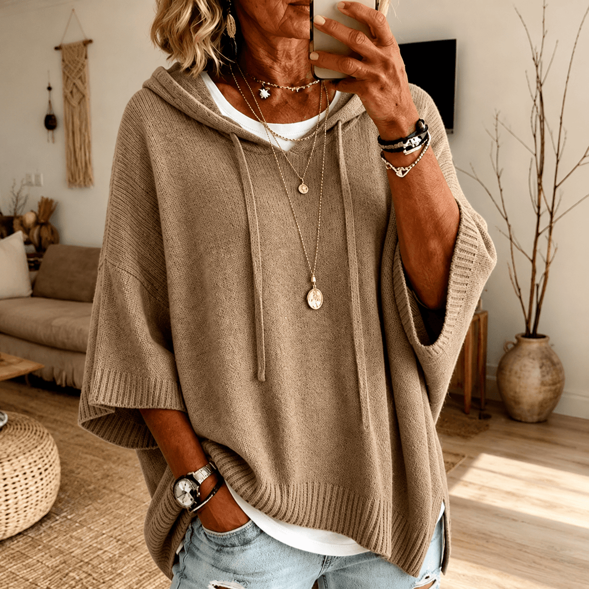 Manon Hooded Poncho Sweater – Taupe - Rosalie and Grace