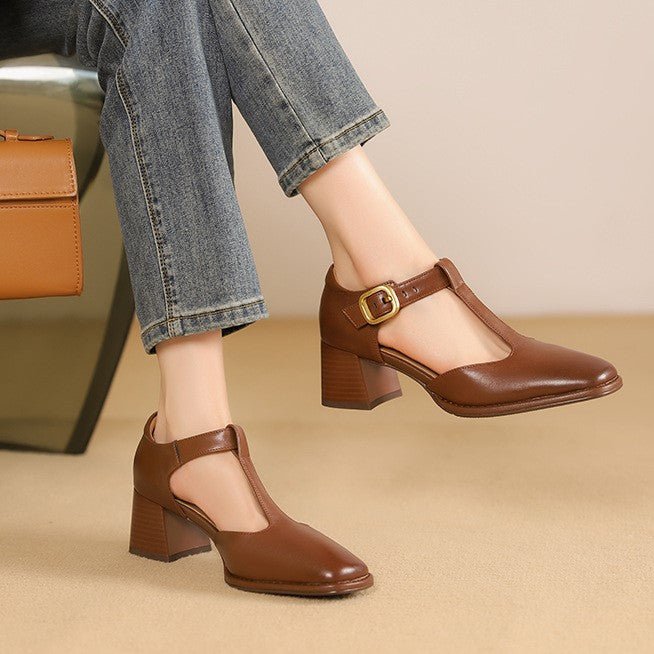 Marcele T-Strap Leather Pumps - Rosalie and Grace