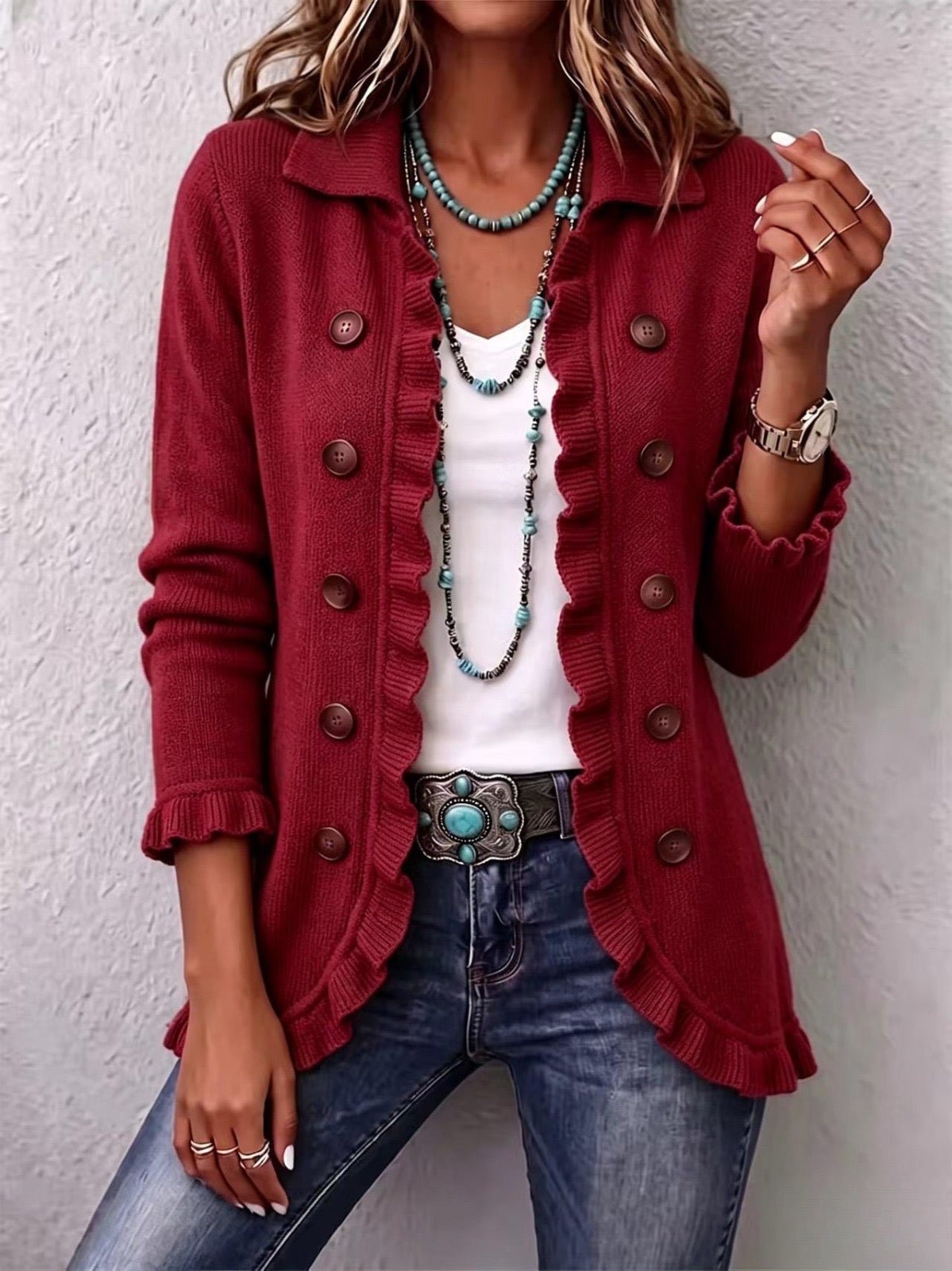 Marcelle™ | Ruby Red Ribbed Knit Ruffle Jacket - Rosalie and Grace